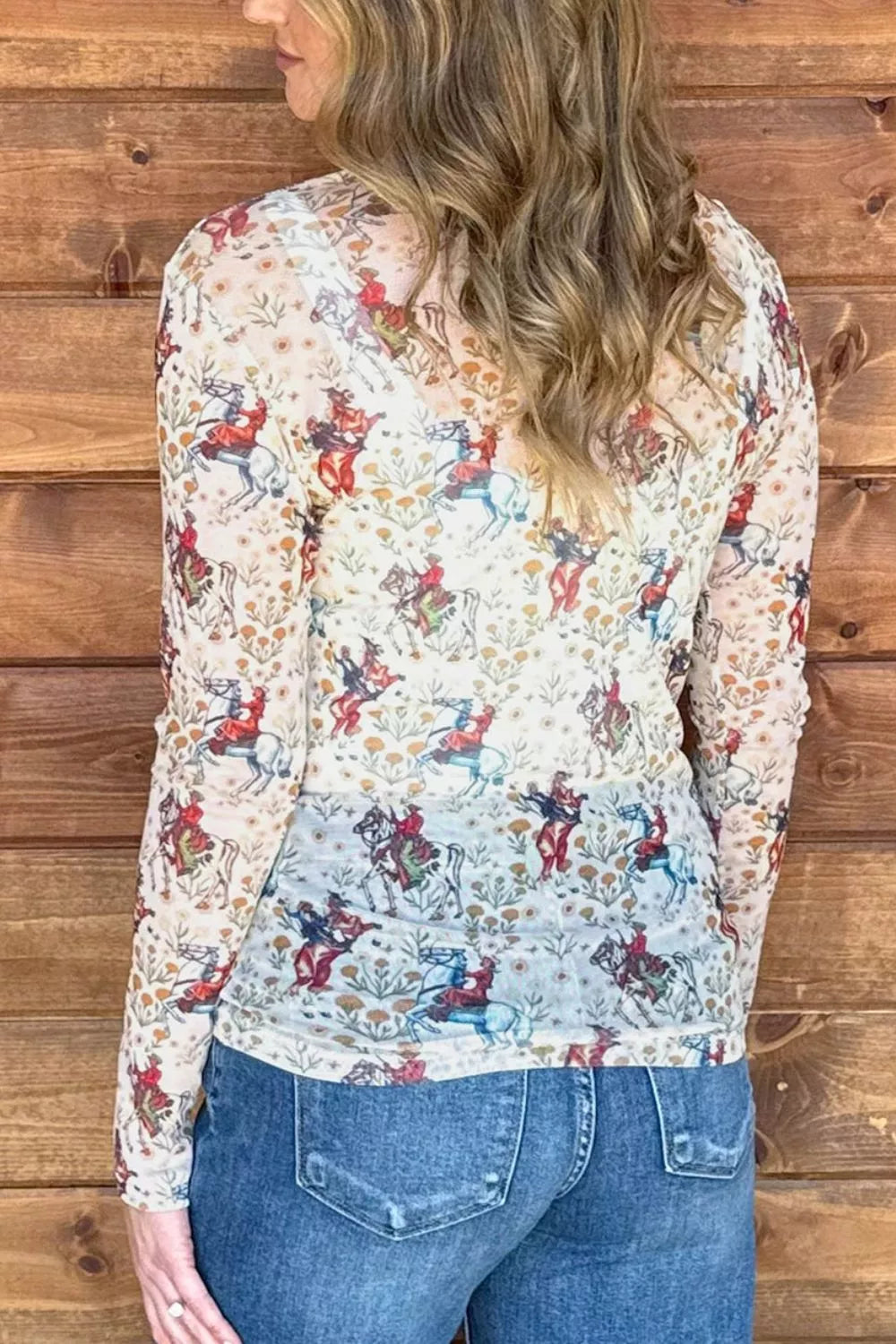 Cowboy Print Mesh Long Sleeve Top