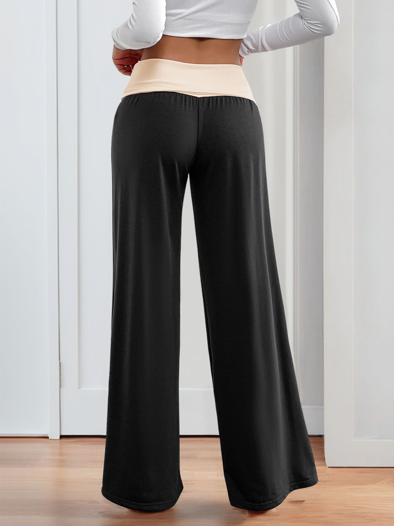Contrast Waistband Wide Leg Pants