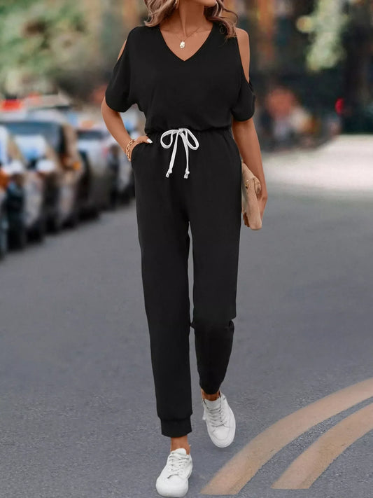 Cold Shoulder V-Neck Drawstring Waist Jumpsuit