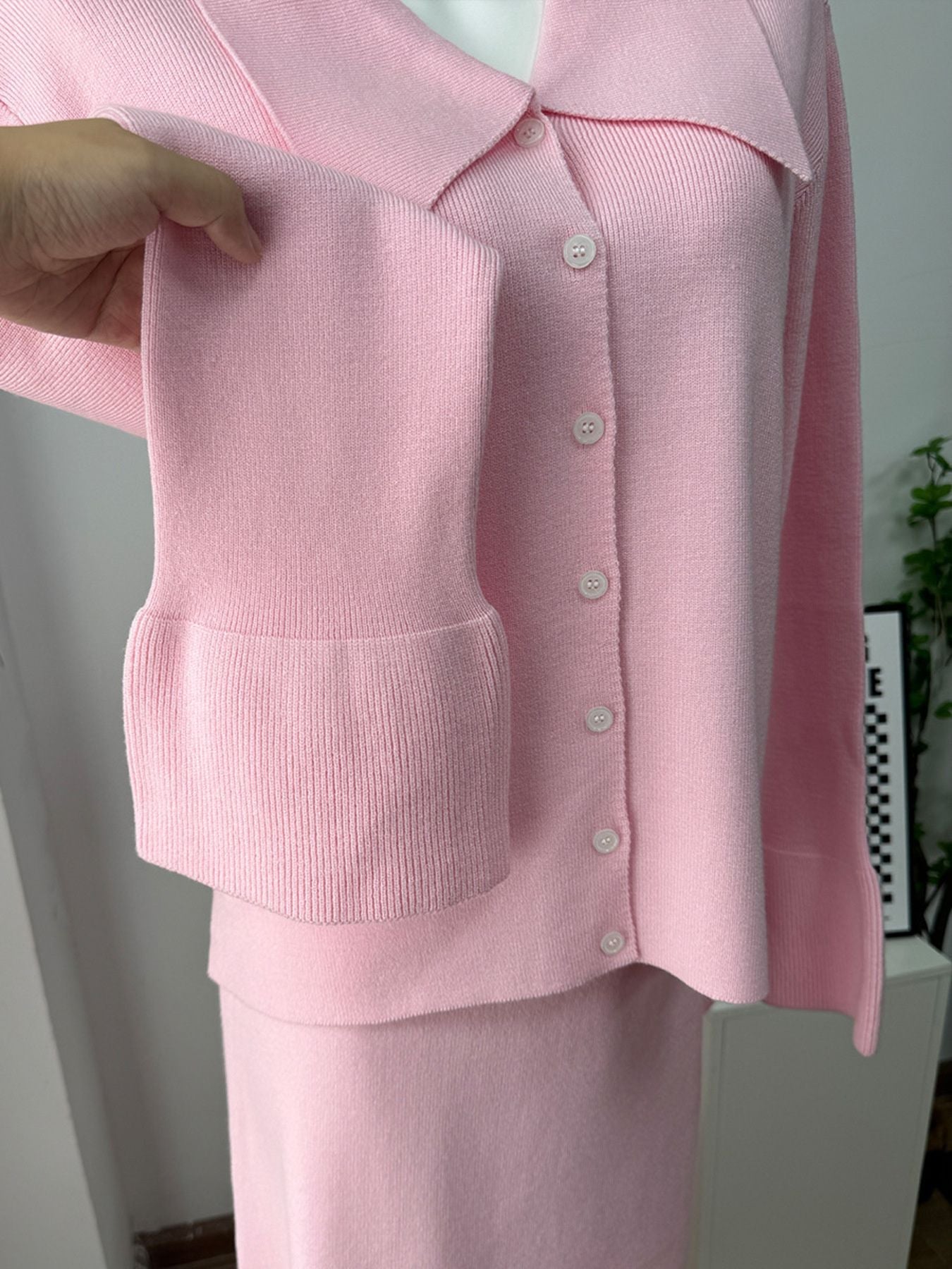 Button Down Long Sleeve Cardigan and Skirt Knit Set