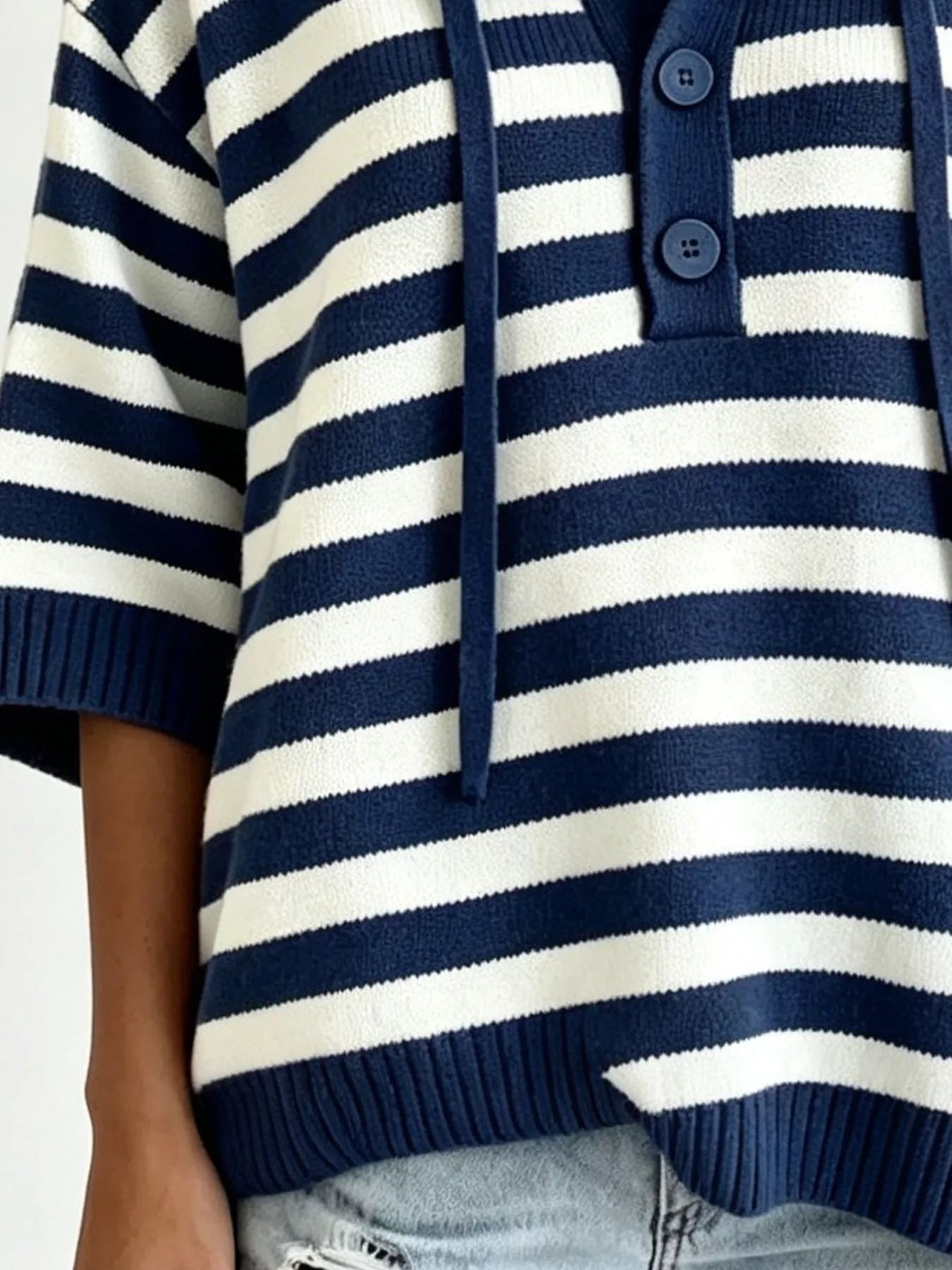 Striped Hooded Sweater with Button Detail