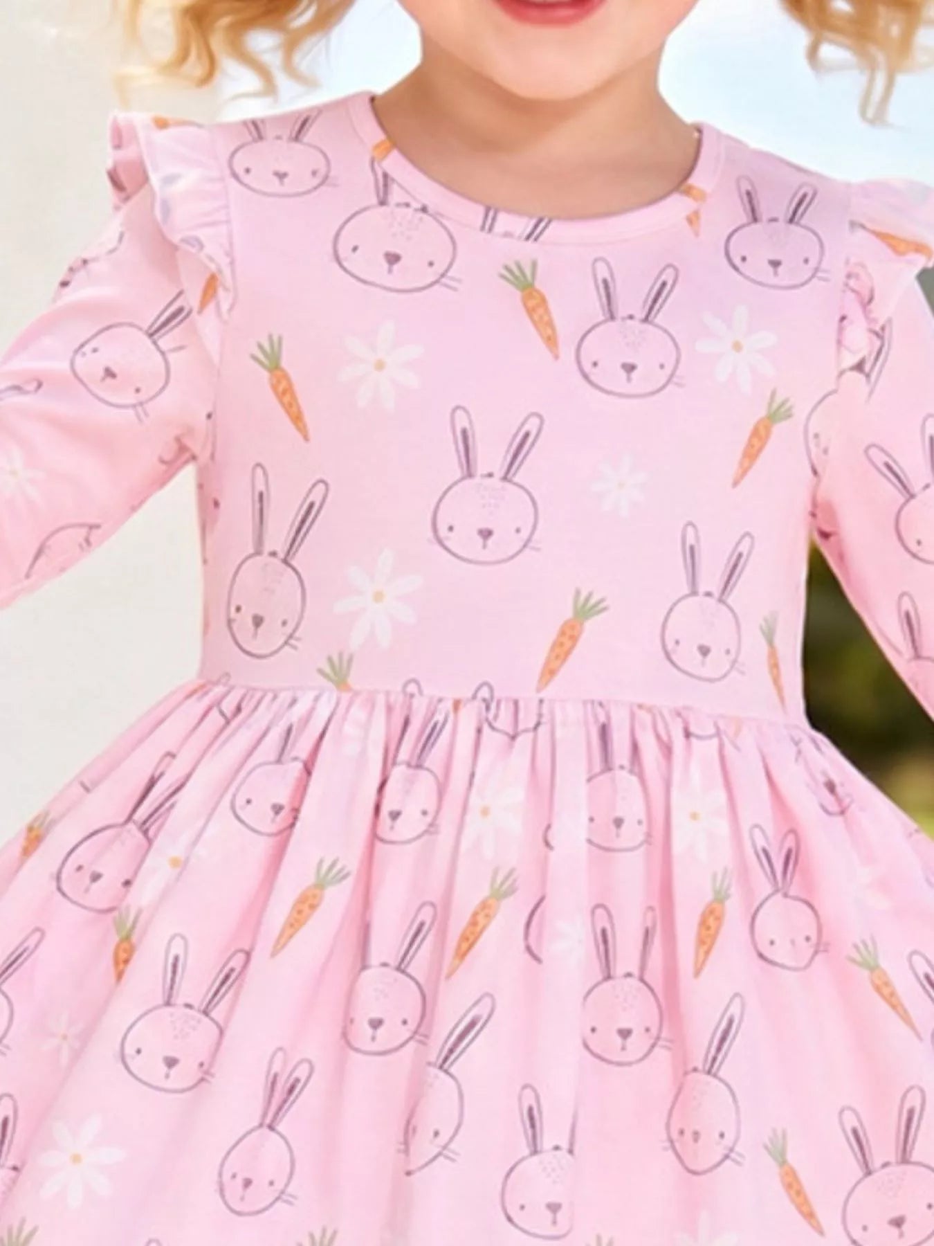 Children's Bunny and Carrot Print Ruffle Sleeve A-Line Dress
