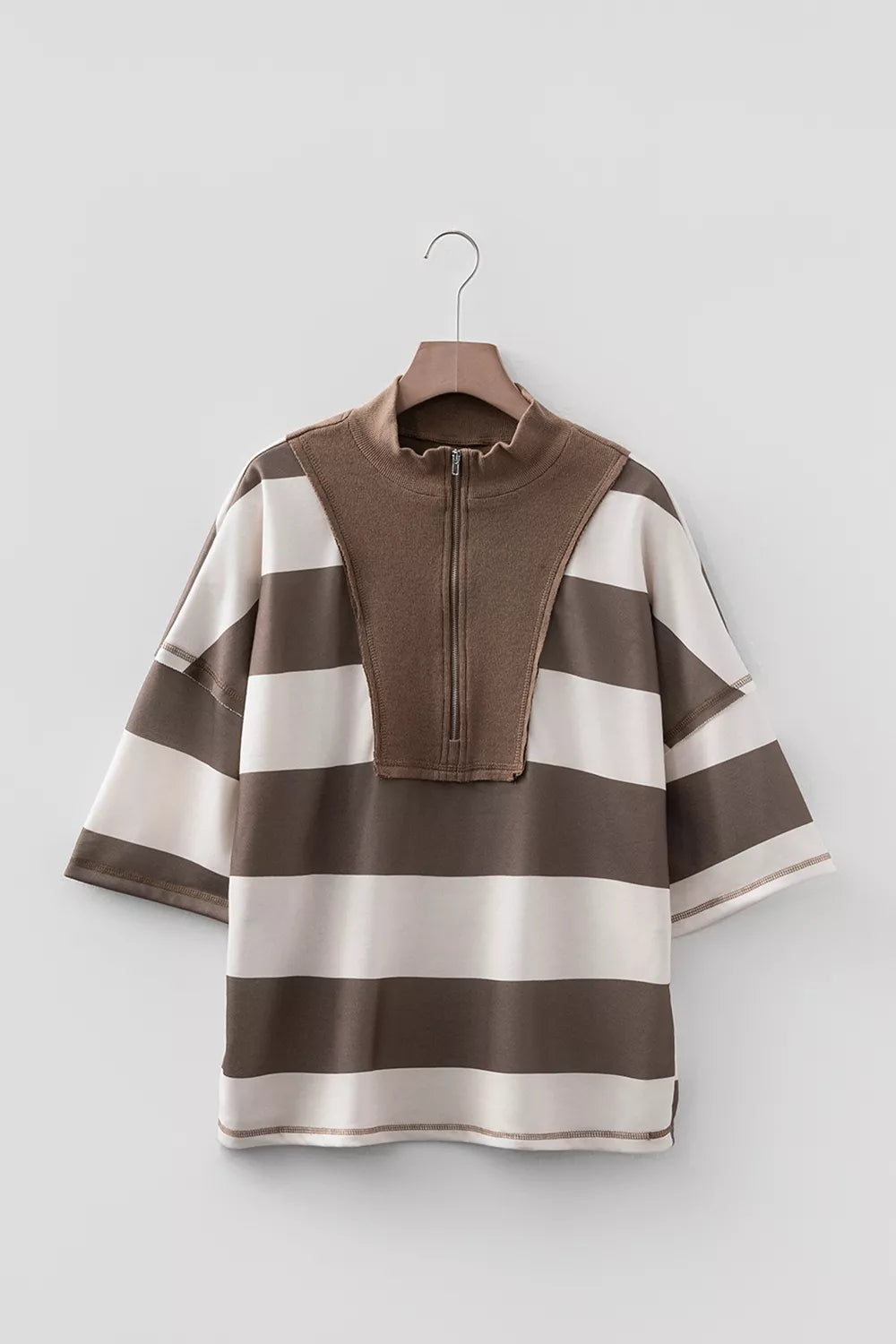 Striped Color Block Zip Collar 3/4 Sleeve Oversize Sweatshirt