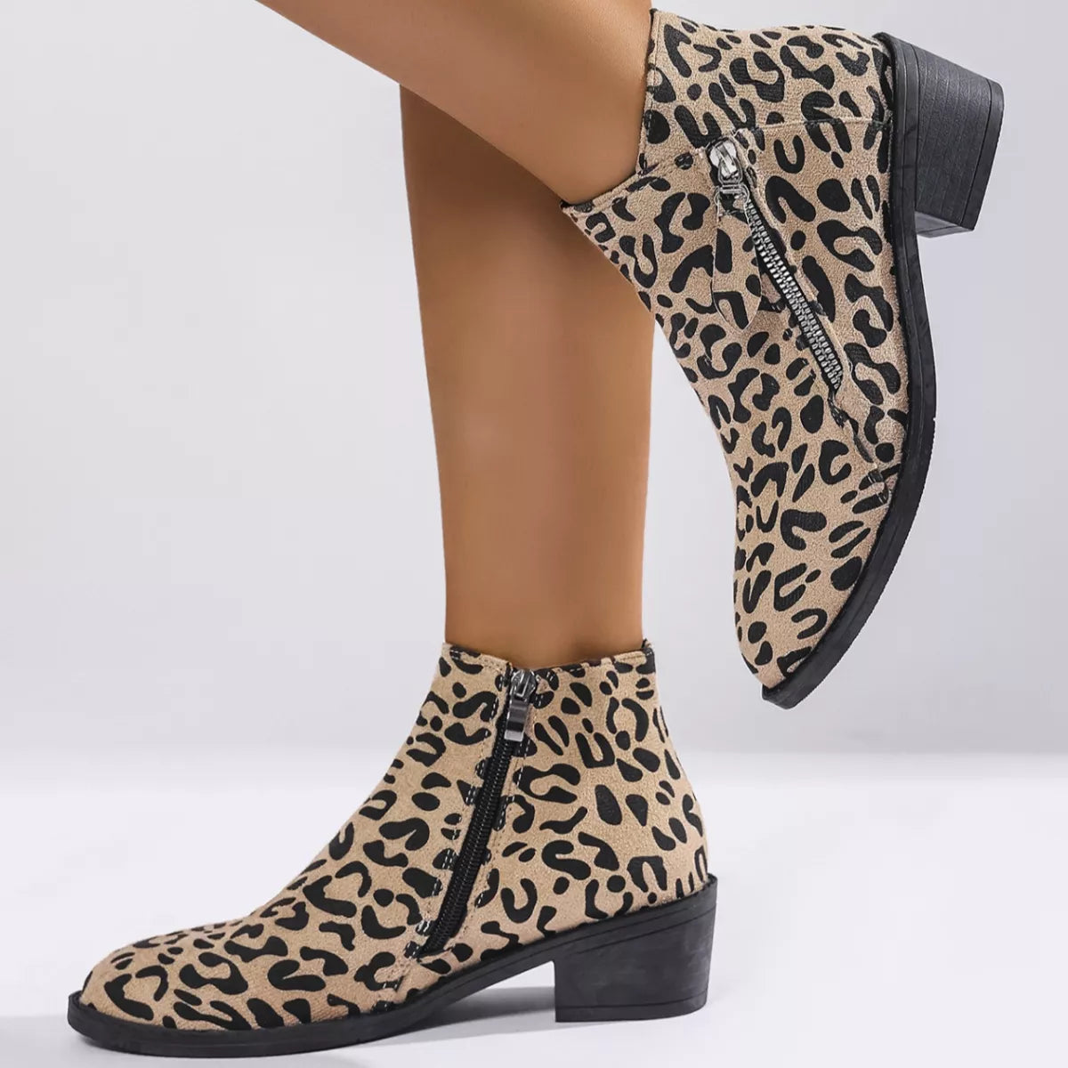 Leopard Block Heel Ankle Boots