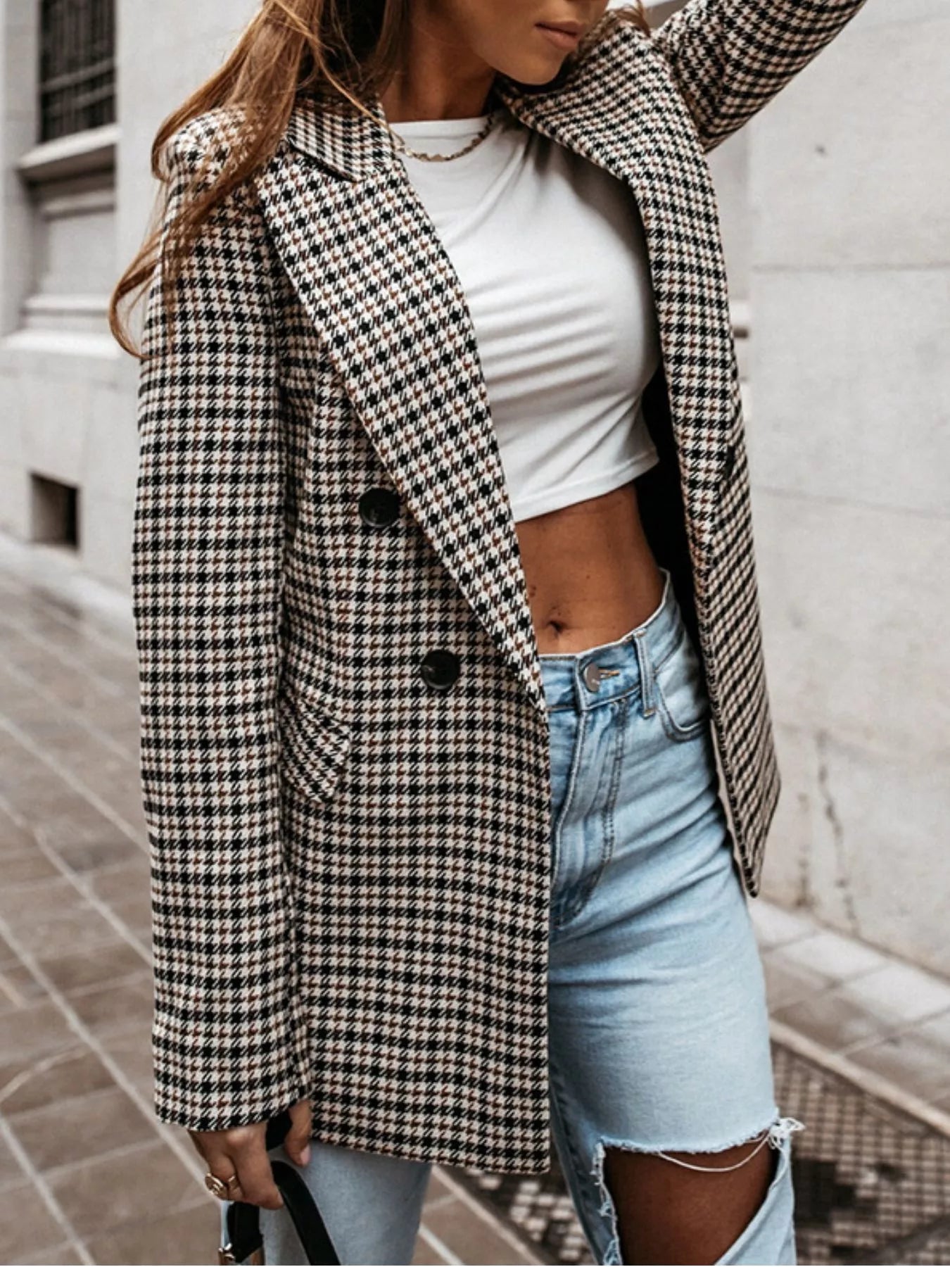 Classic Houndstooth Double-Breasted Blazer