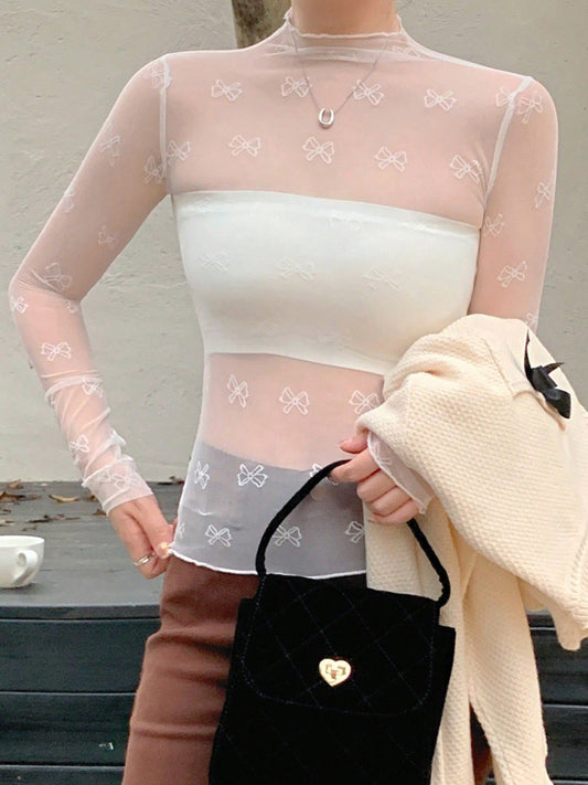 Bow Print Sheer Mesh Top