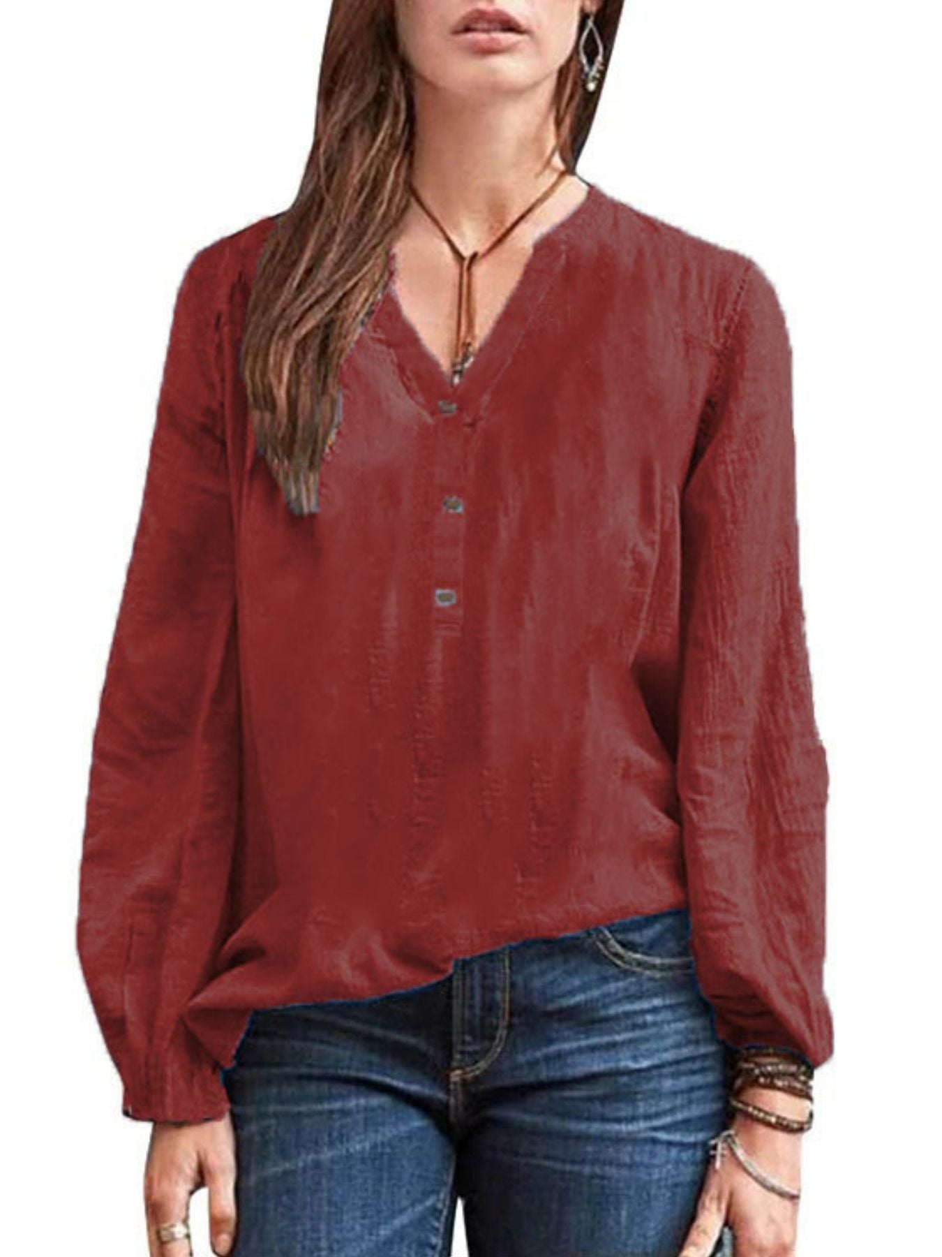 Full Size Notched Long Sleeve Blouse Plus Size