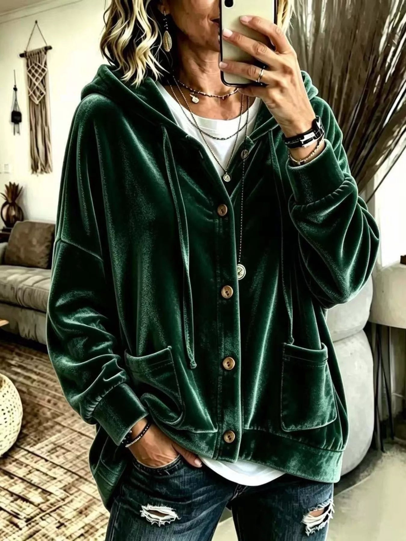 Full Size Casual Button-Down Hooded Outerwear Plus Size