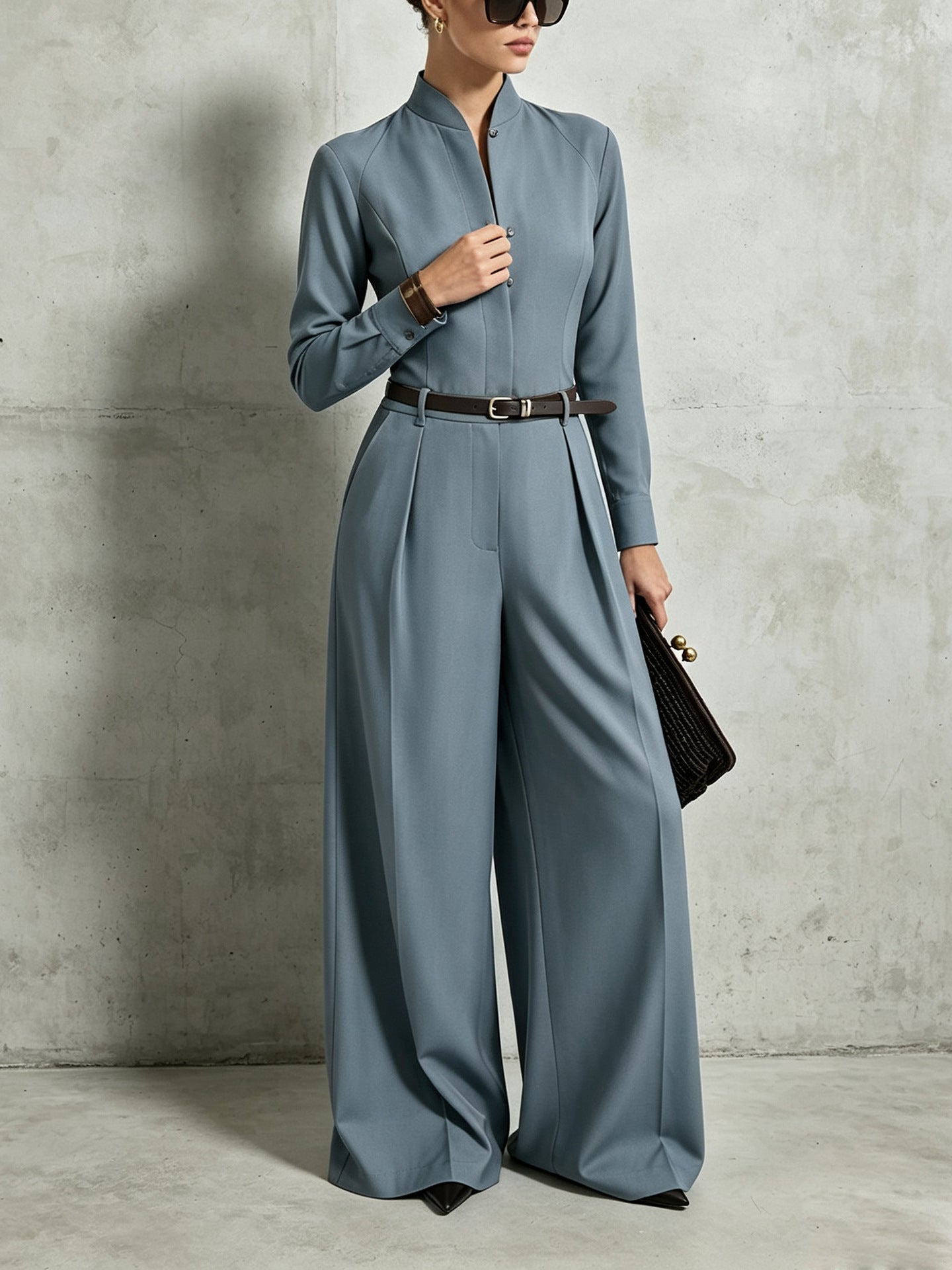 Women's Stand-Collar Long-Sleeve Wide-Leg Jumpsuit