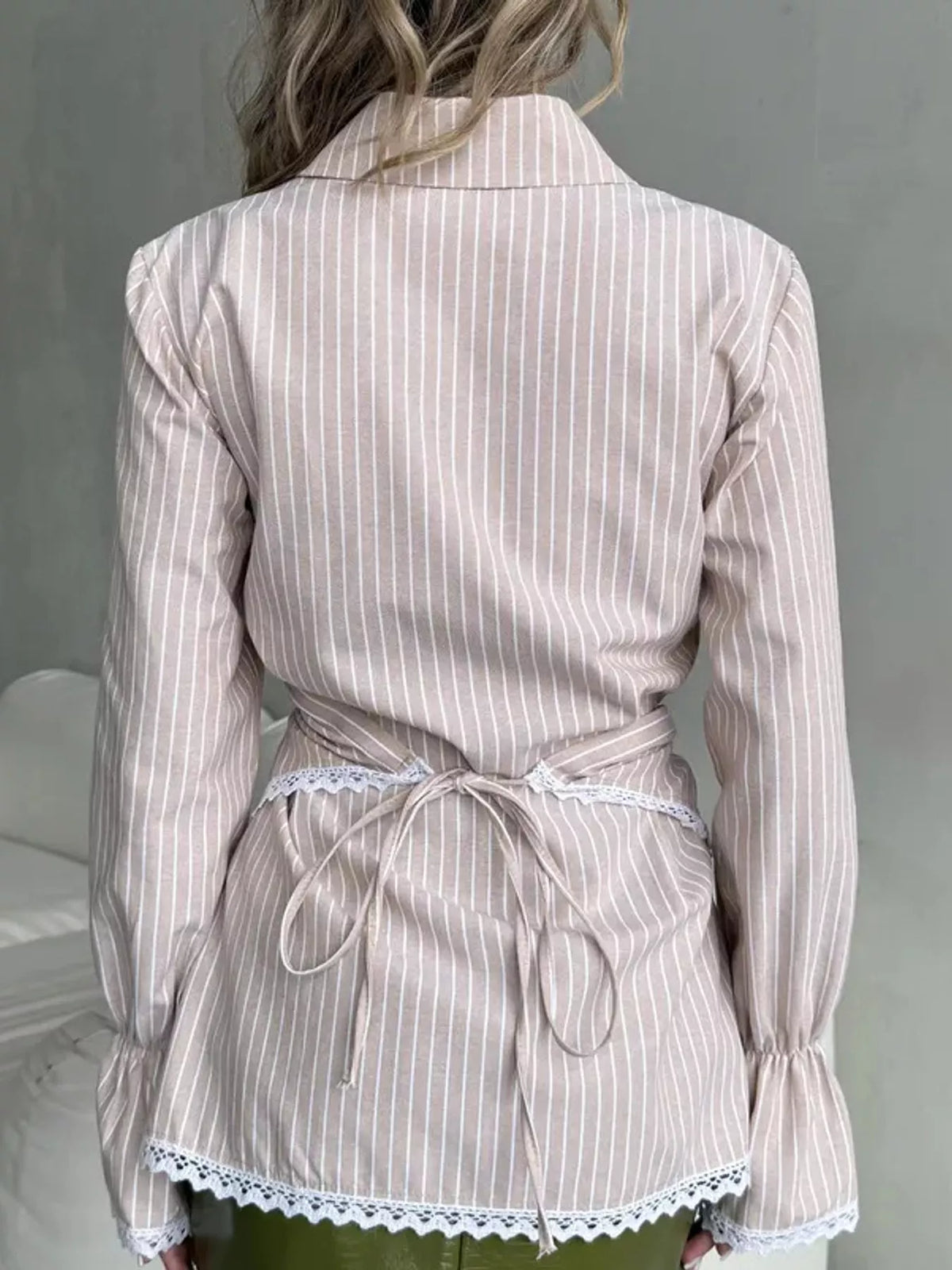 Lace Trim Long Sleeves Striped Shirt