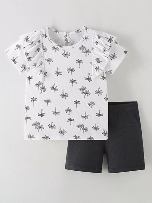 Children's Tropical Print Ruffle Sleeve Top & Shorts Set