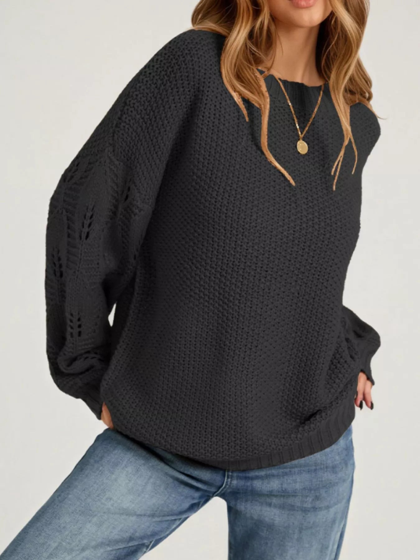 Textured Knit Openwork Dropped Shoulder Sweater