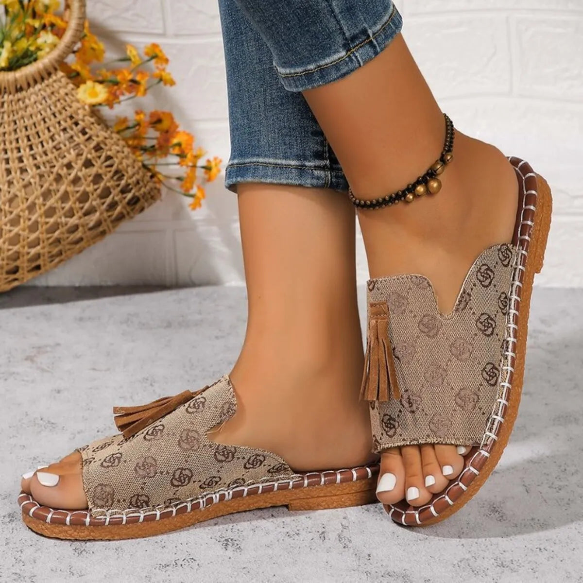 Leopard Print Tassel Flat Sandals