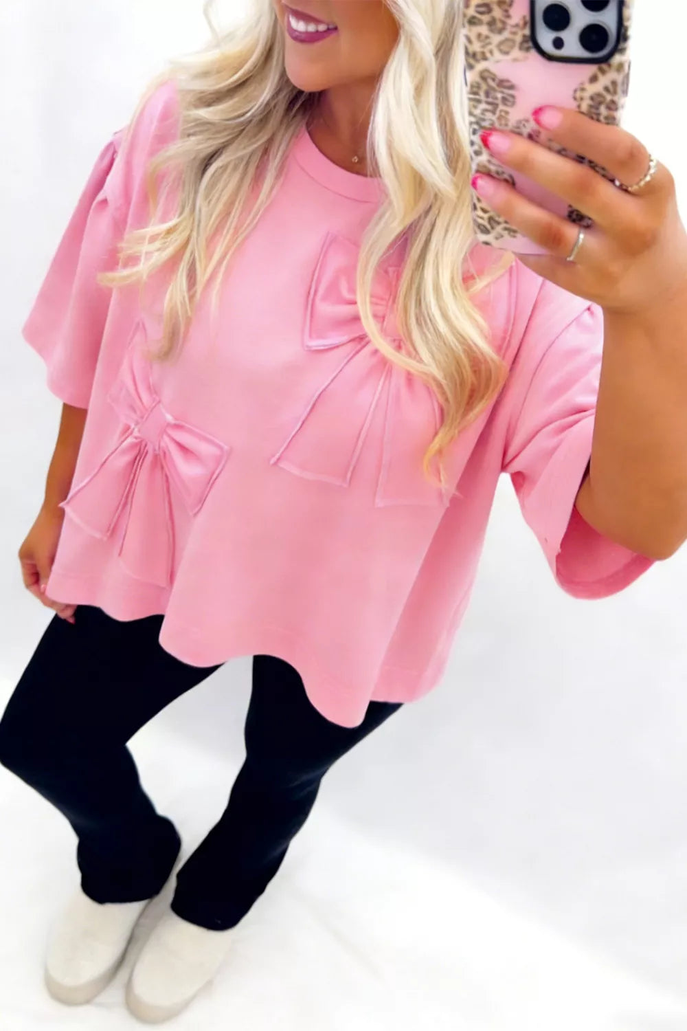 Solid Color Raw Edge Bow Patch Loose T Shirt