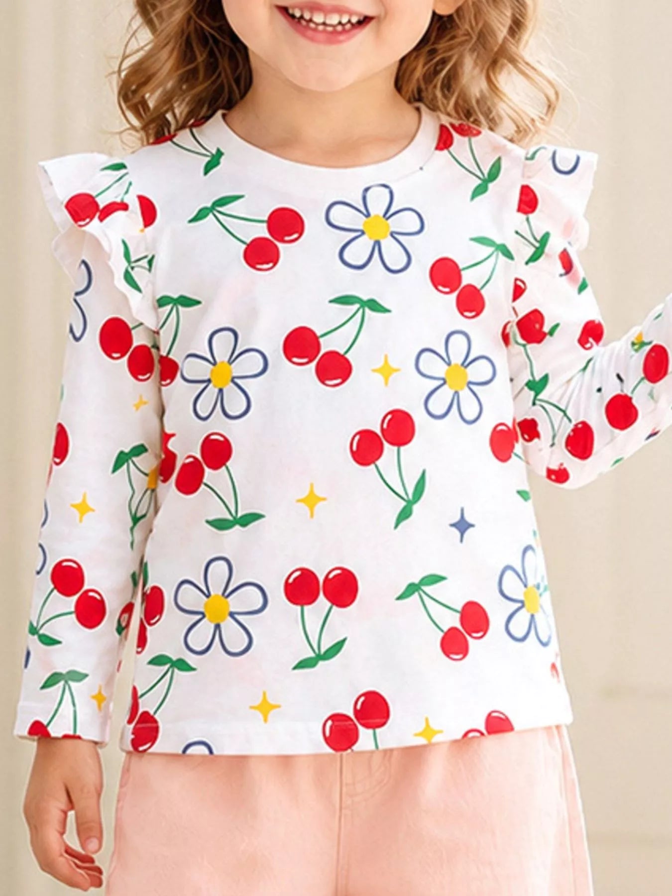 Children's Cherry & Flower Print Ruffled Long Sleeve T-Shirt
