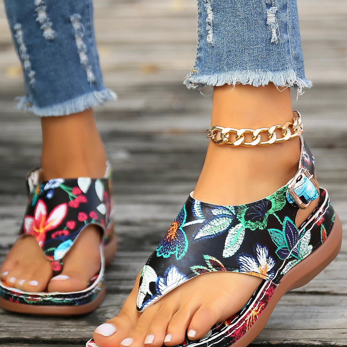 Floral Thong Wedge Sandals