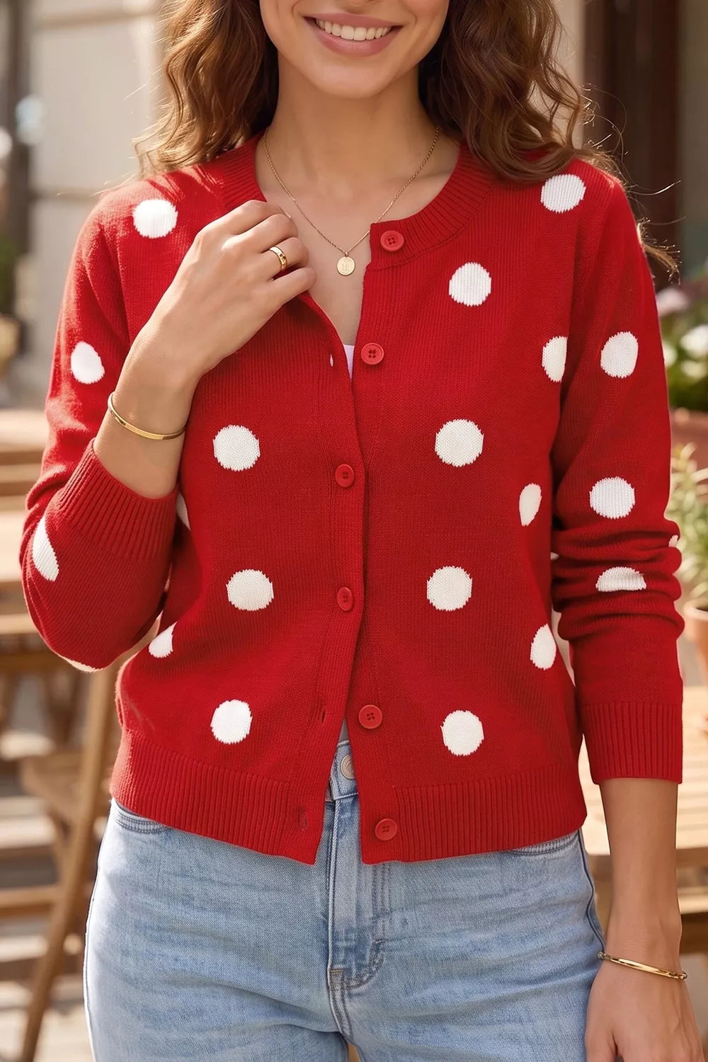 Casual Polka Dot Button Front Long Sleeve Sweater Cardigan