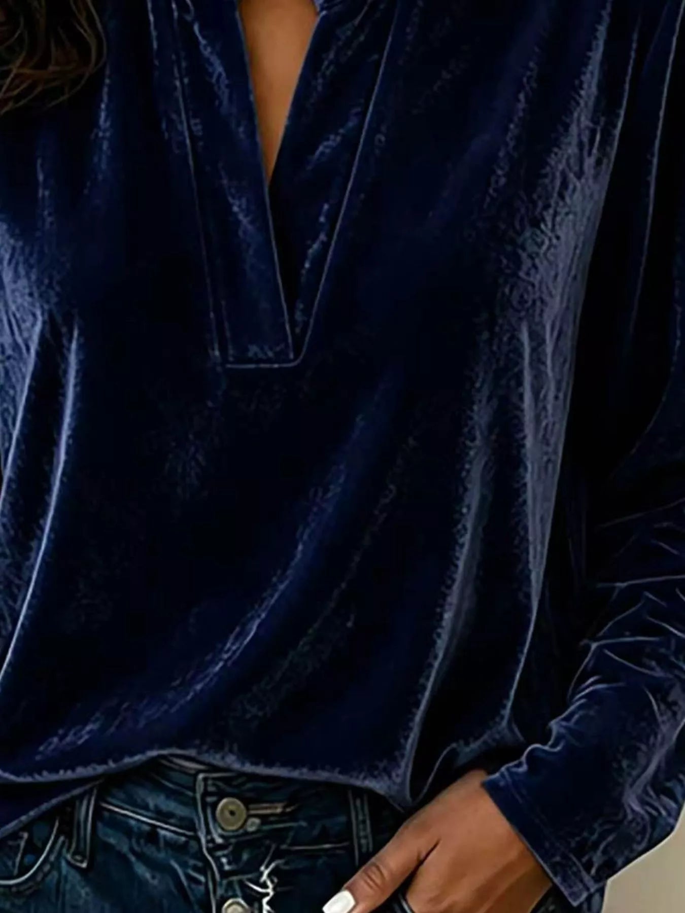 Full Size Velvet Notched Long Sleeve Blouse Plus Size