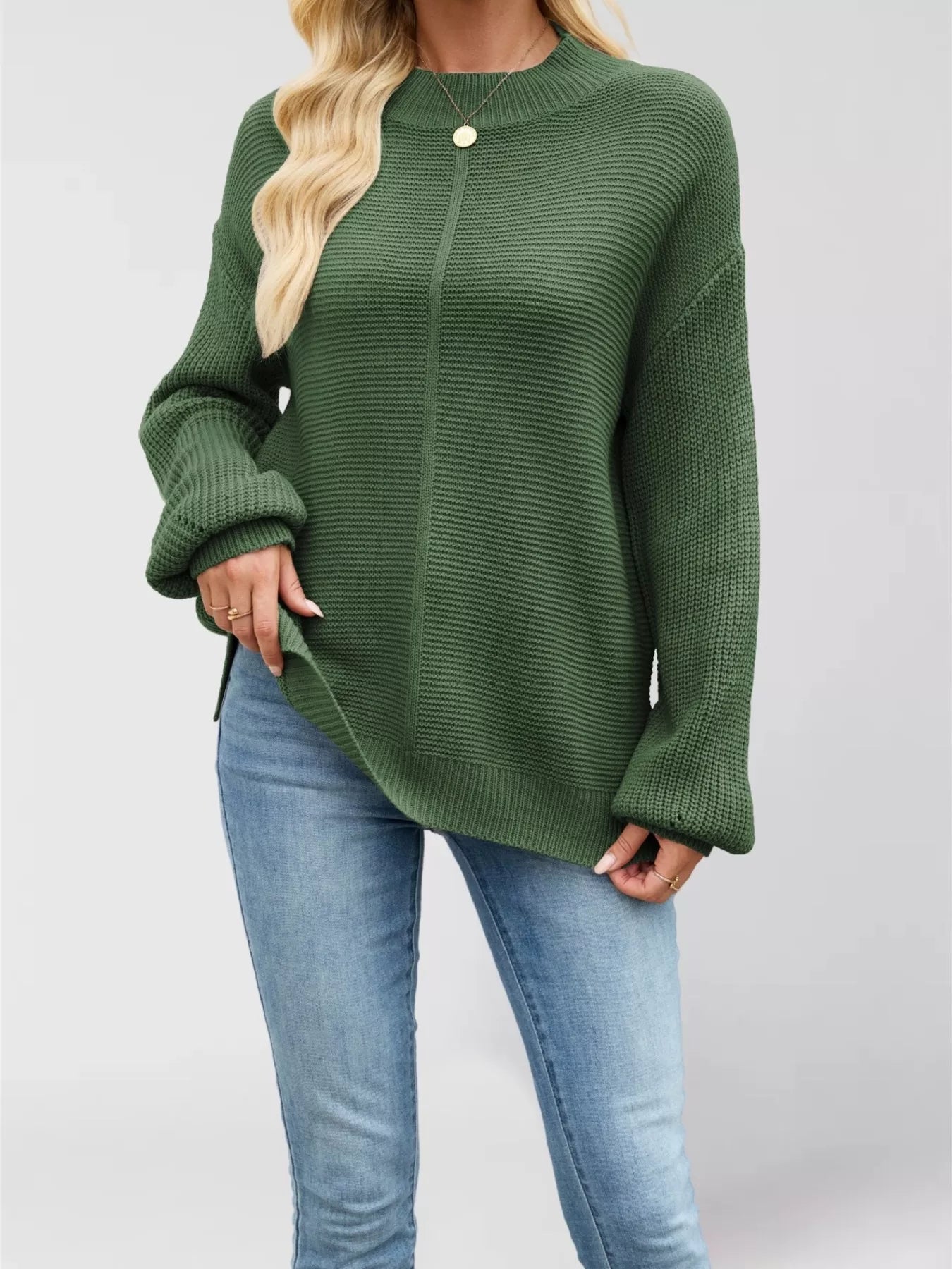 Ribbed Mock Neck Drop Shoulder Sweater