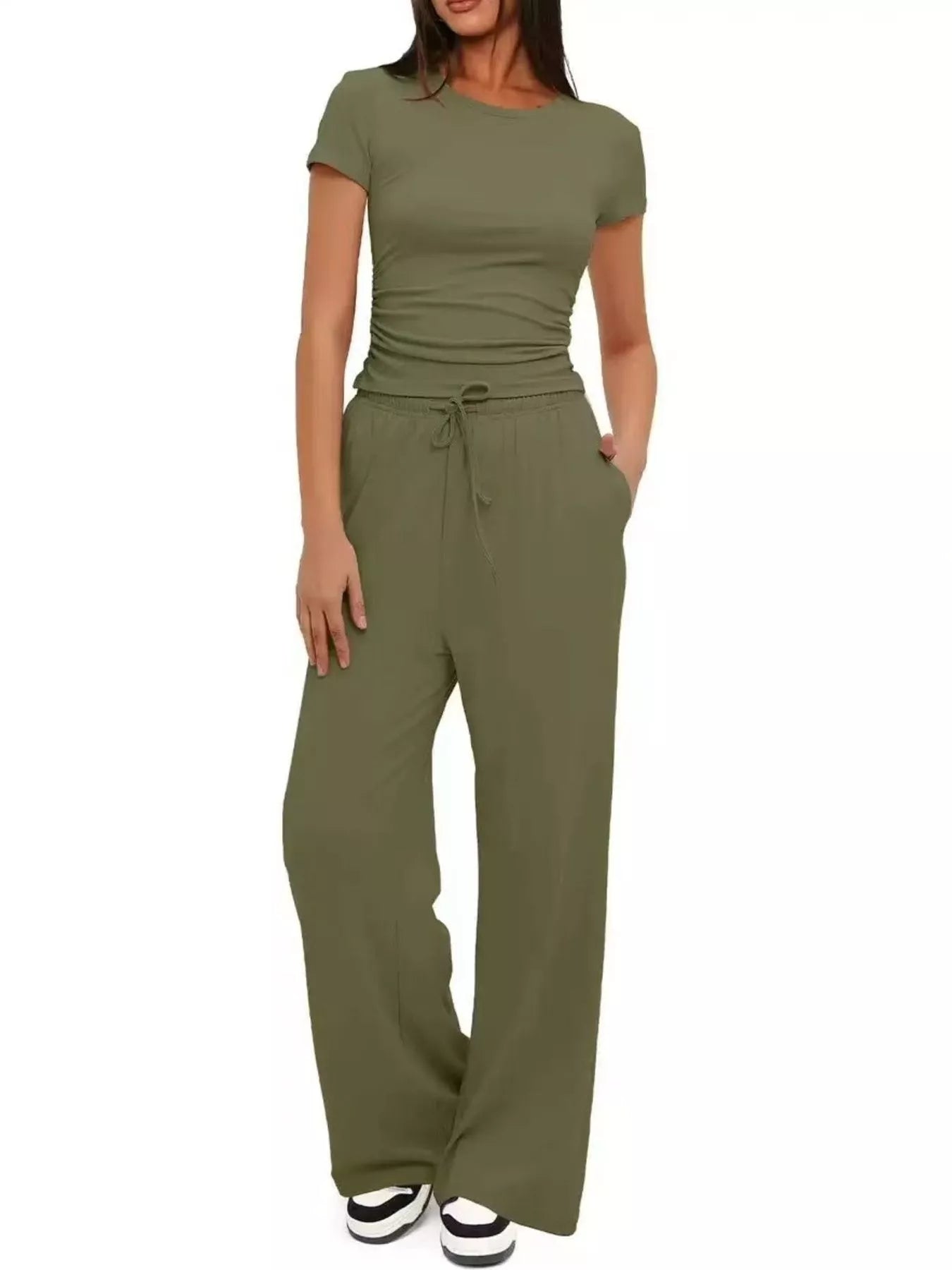 Round Neck Short Sleeve Top and Pants Set