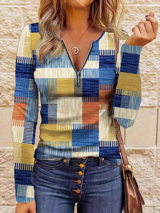 Color Block Zip Front Long Sleeve Top