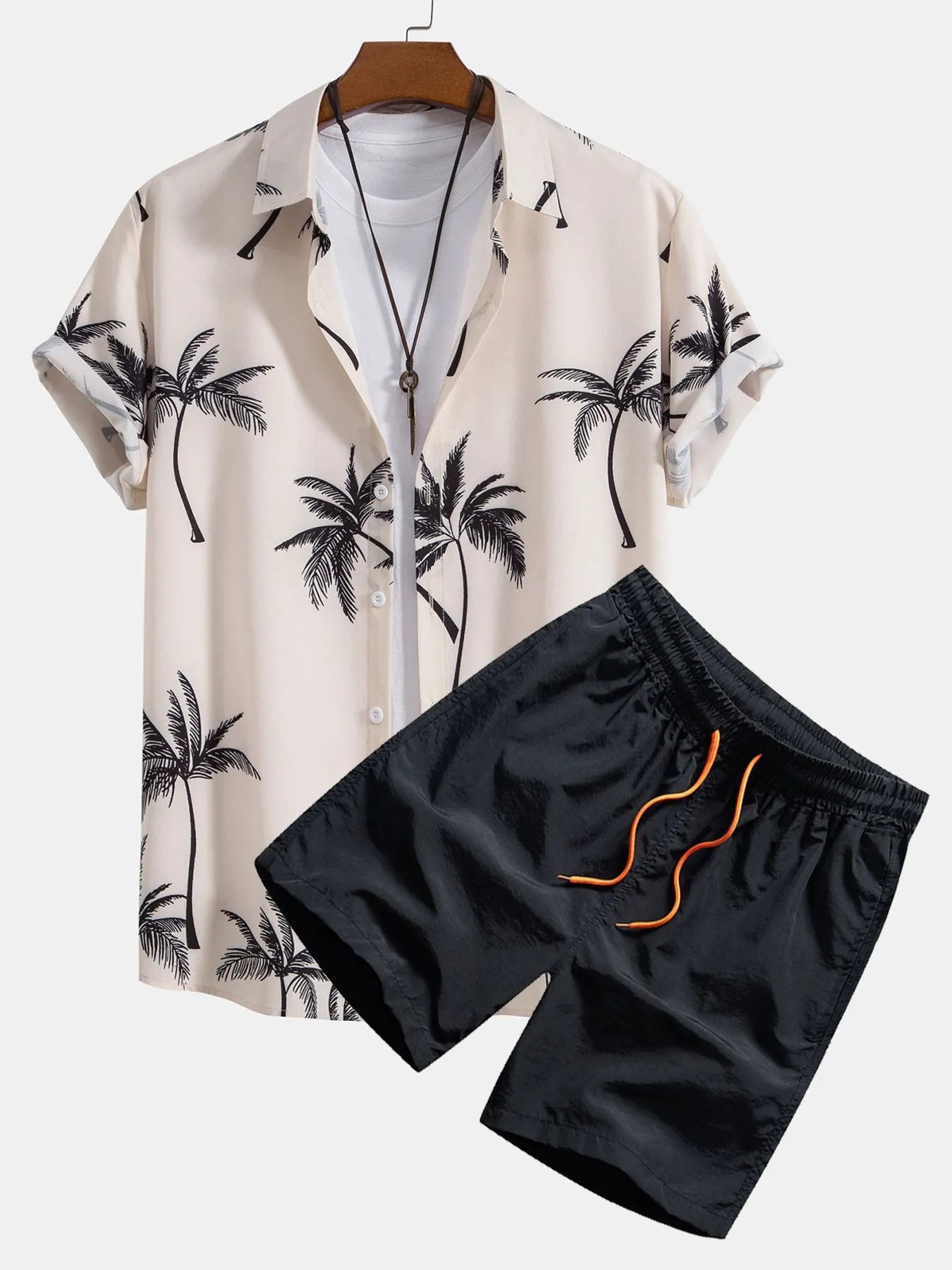 Men's Full Size Palm Tree Print Short Sleeve Shirt and Shorts Set Plus Size