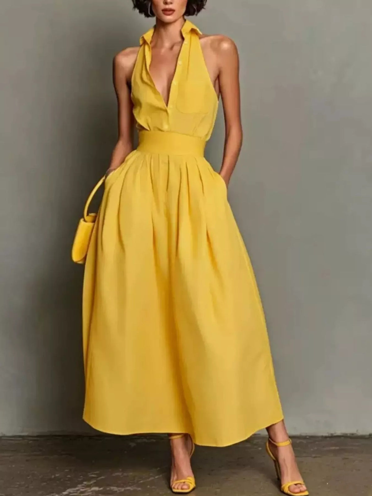 Sleeveless Collared A-Line Midi Dress