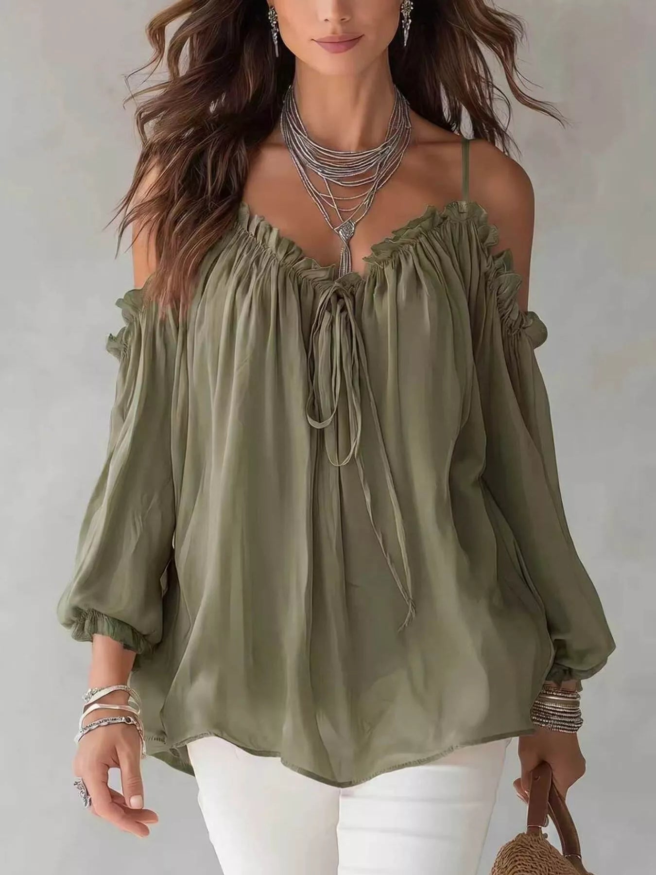 Frill Spaghetti Strap Tie Front Blouse