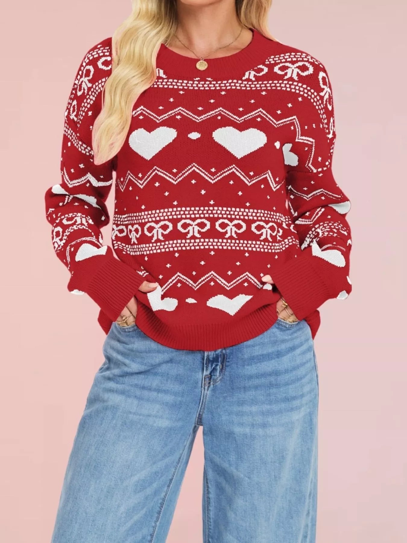 Heart Pattern Dropped Shoulder Sweater
