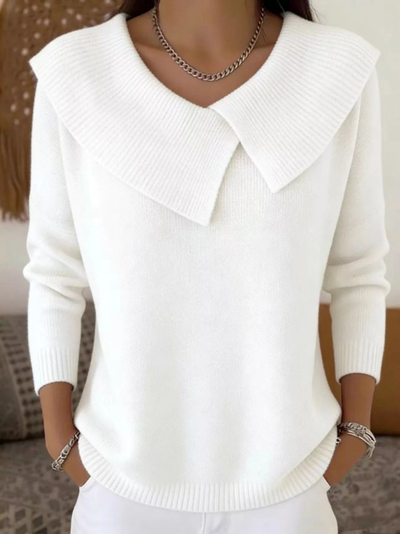 Full Size Solid Color Ribbed Hem Sweater Plus Size