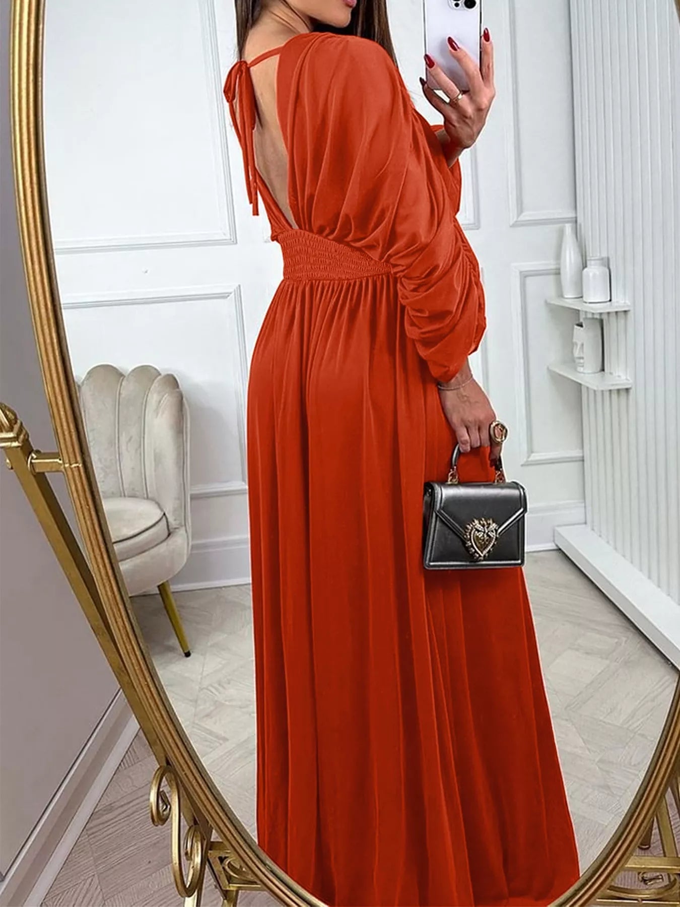 Smocked Ruched Sleeve Maxi Dress