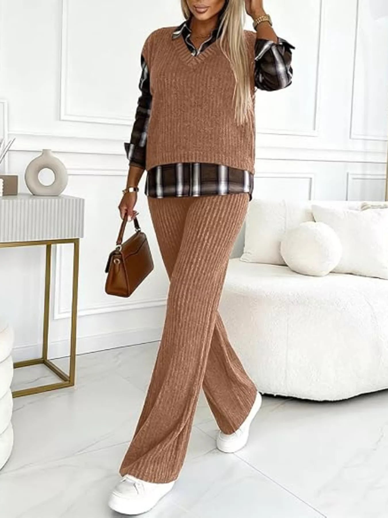 Ribbed Knit Plaid Sleeve Top & Pants Set