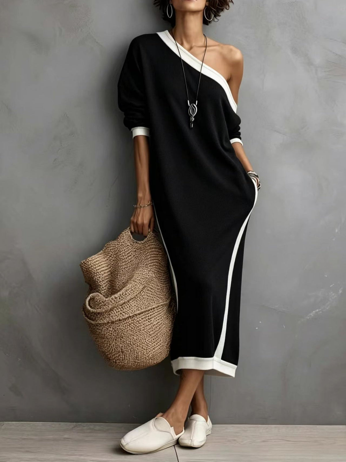 Women's One-Shoulder Color-Block Midi Dress with Pockets