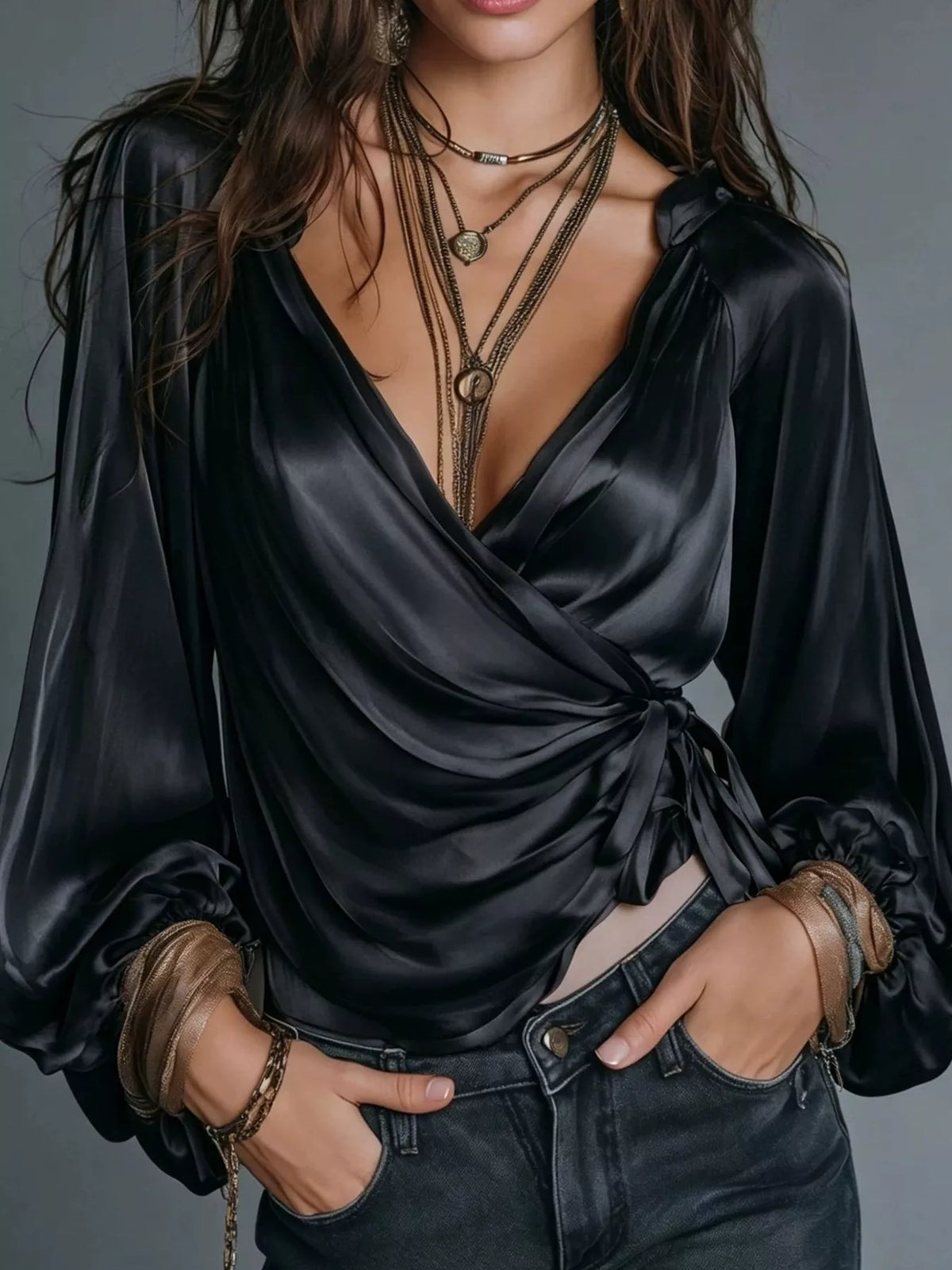Satin Balloon Sleeve Blouse