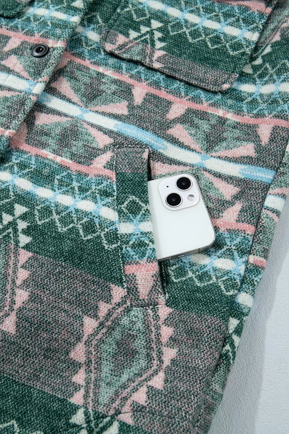 Geometric Print Button Front Long Sleeve Shacket