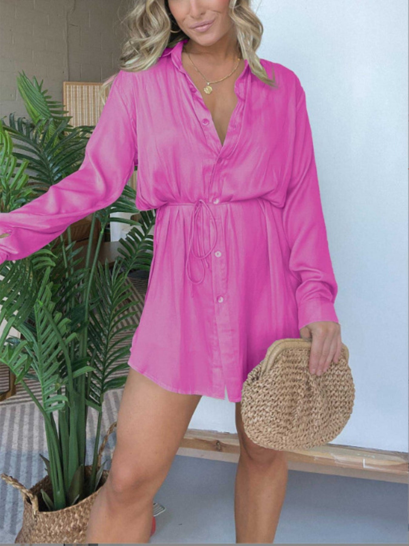 Full Size Button-Down Mini Shirt Dress Plus Size