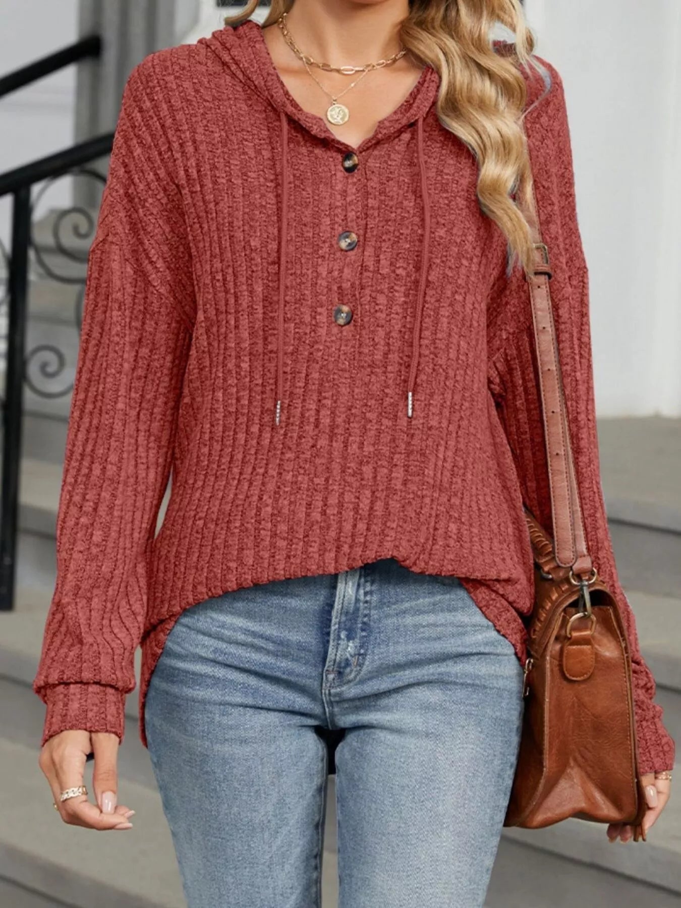 Ribbed Knit Drawstring Long Sleeve Hoodie