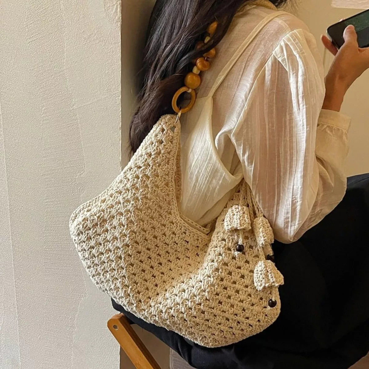 Crochet Knit Beaded Strap Shoulder Bag