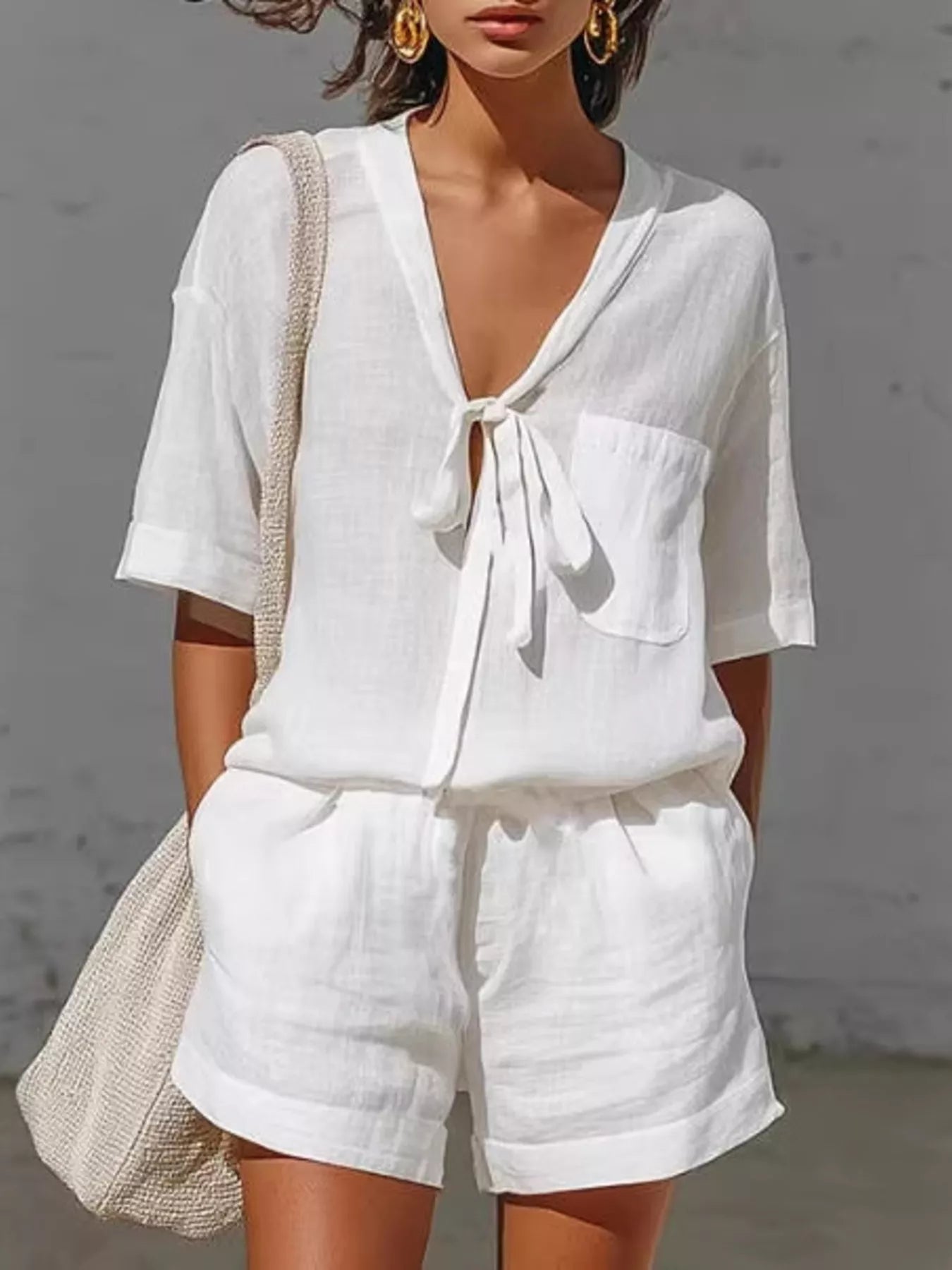 Tie-Front Half Sleeve Shirt and Shorts Set