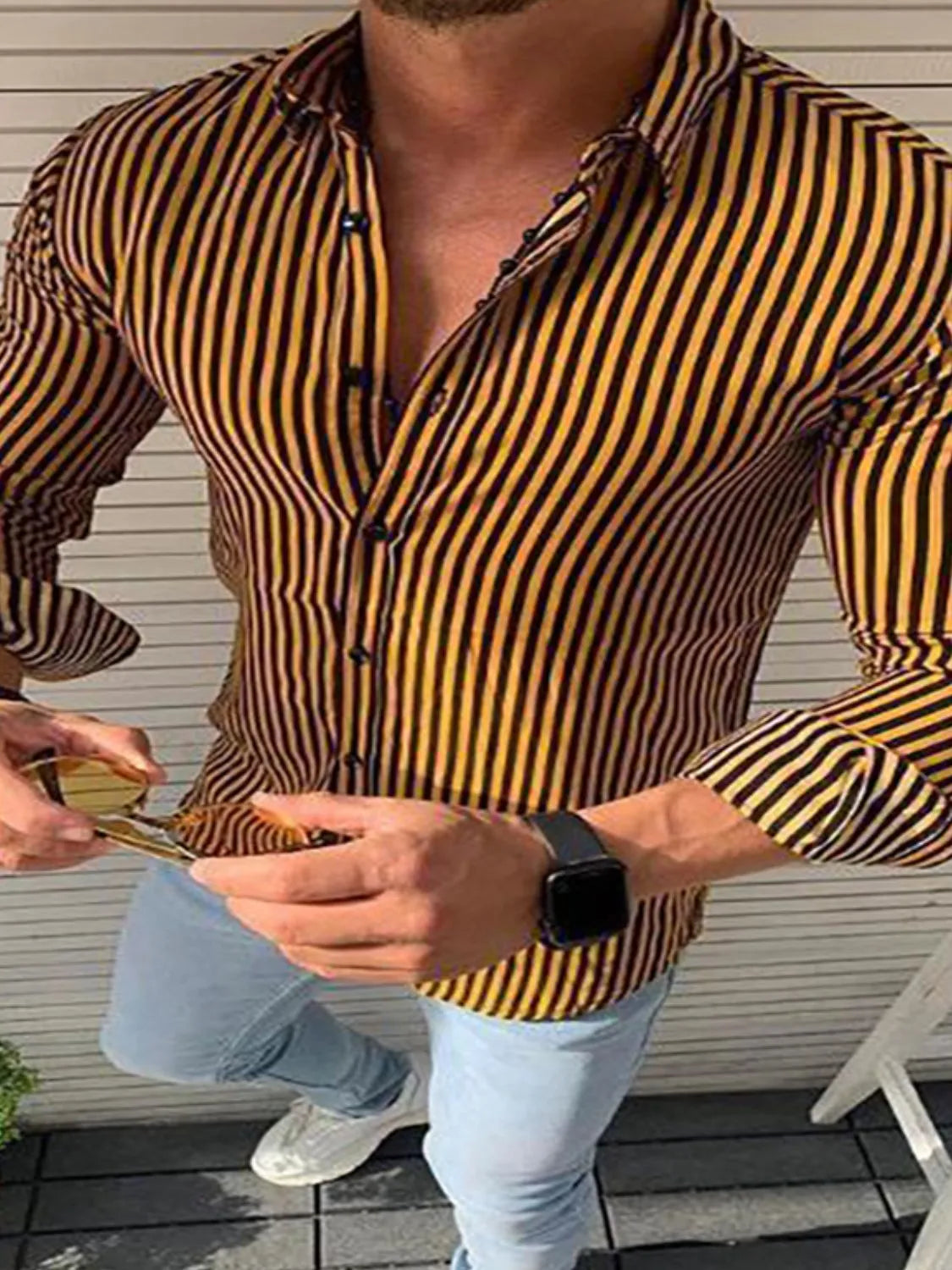 Men's Full Size Striped Button Up Long Sleeve Shirt Plus Size