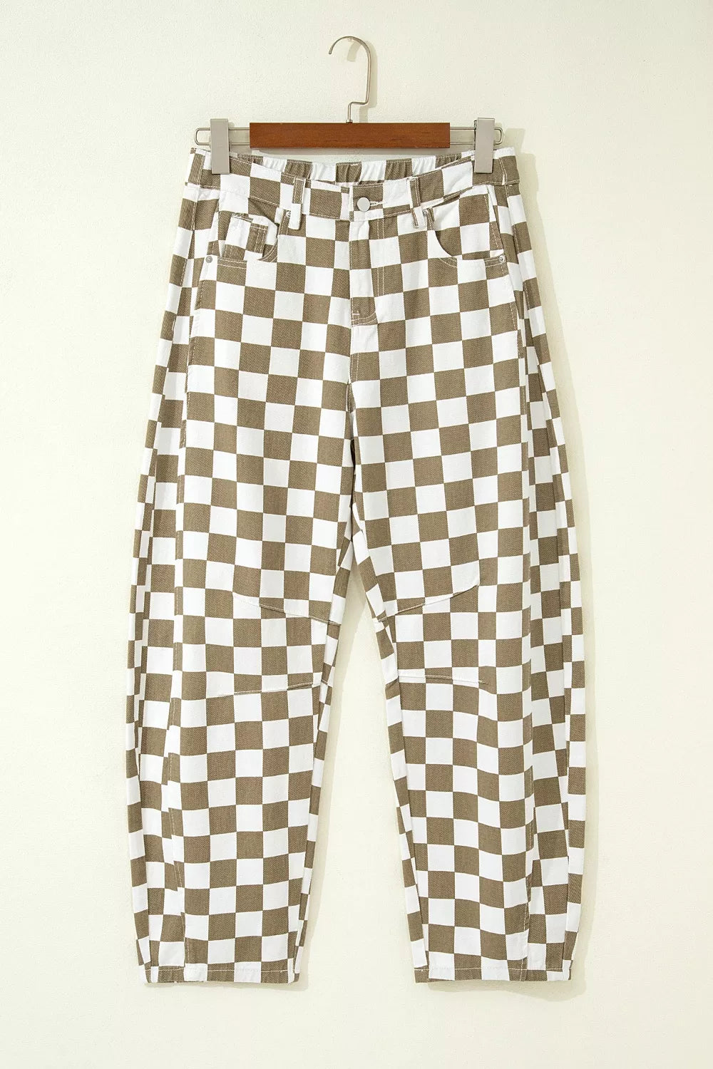 Checkered Print Denim Barrel Pants