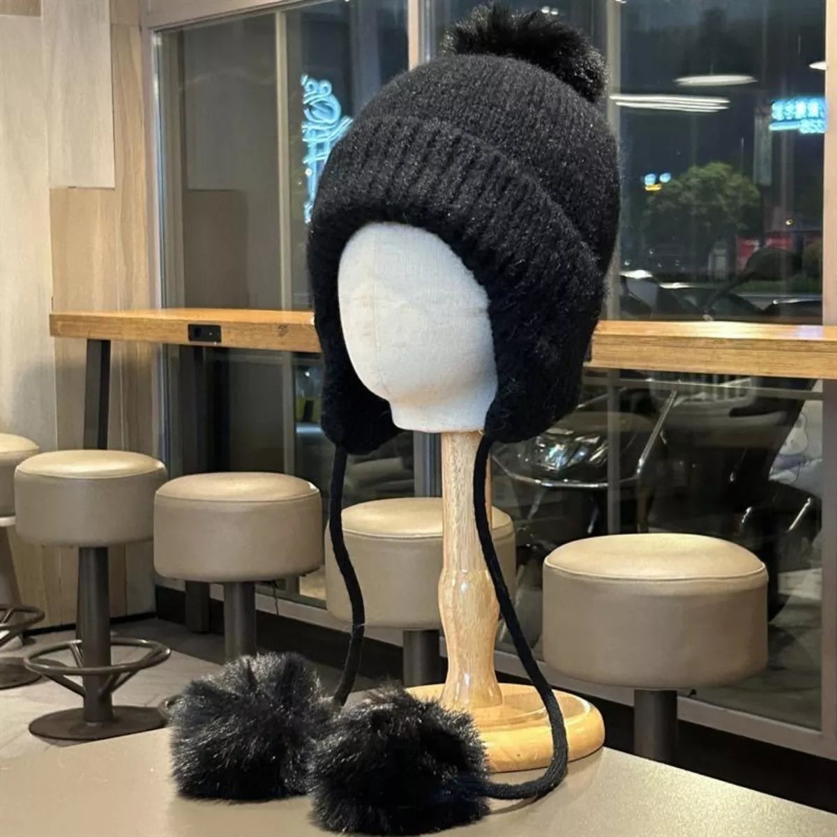 Warm Knitted Beanie Hat with Pom Pom Ear Flaps