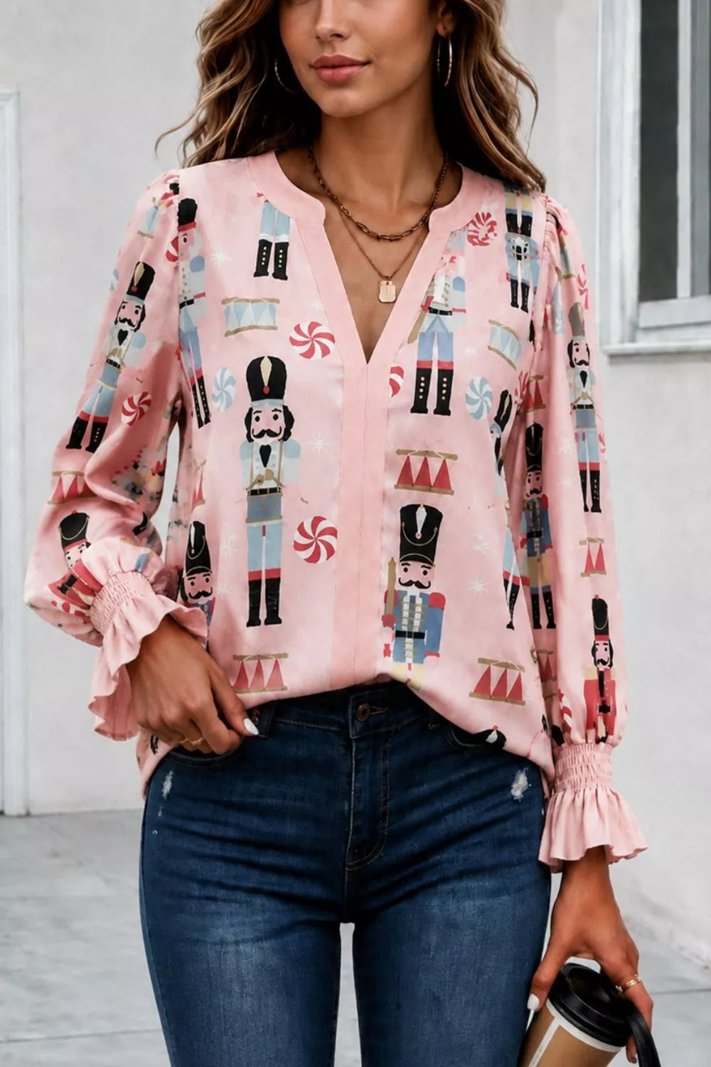 Nutcracker Print Notched Flounce Sleeve Blouse