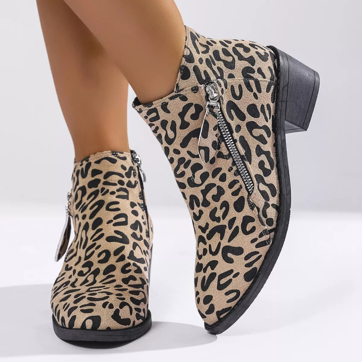 Leopard Block Heel Ankle Boots