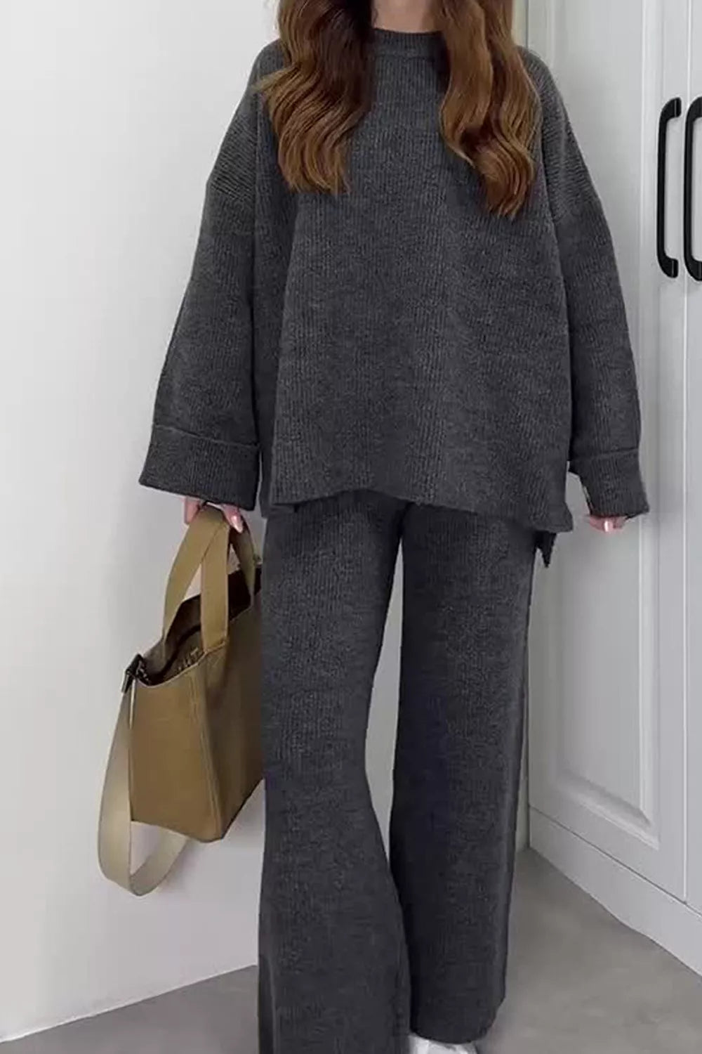 Dropped Shoulder Knit Sweater and Wide Leg Pants Set