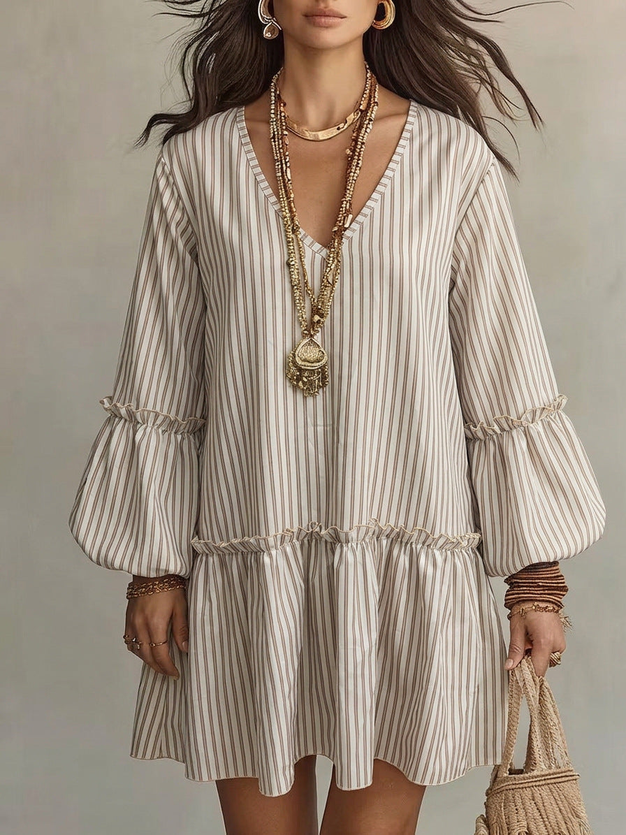Women's Stripe Print V-Neck Lantern Sleeve Mini Dress