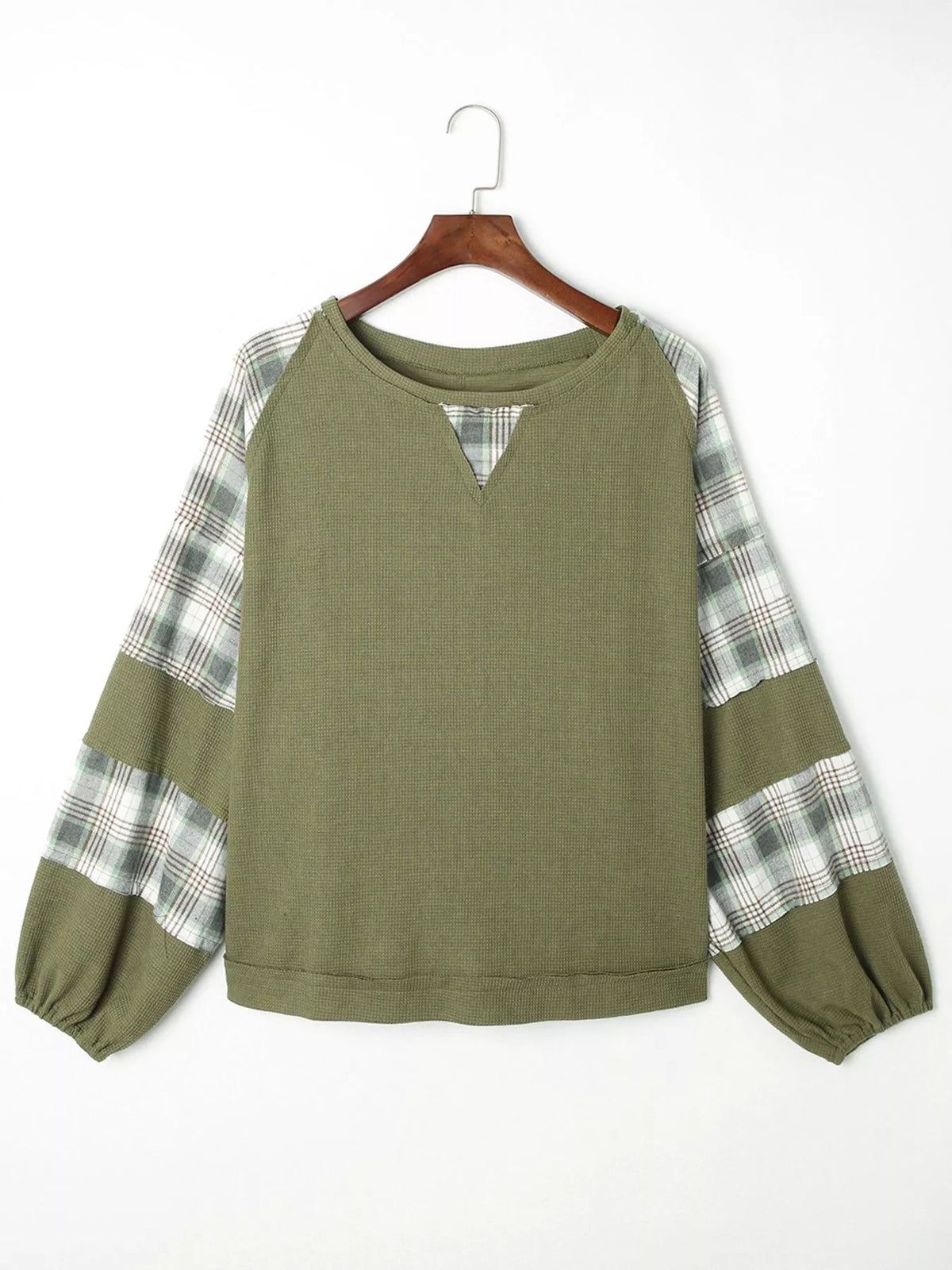 Plaid Patch Waffle Knit Exposed Seam Bubble Sleeve Top
