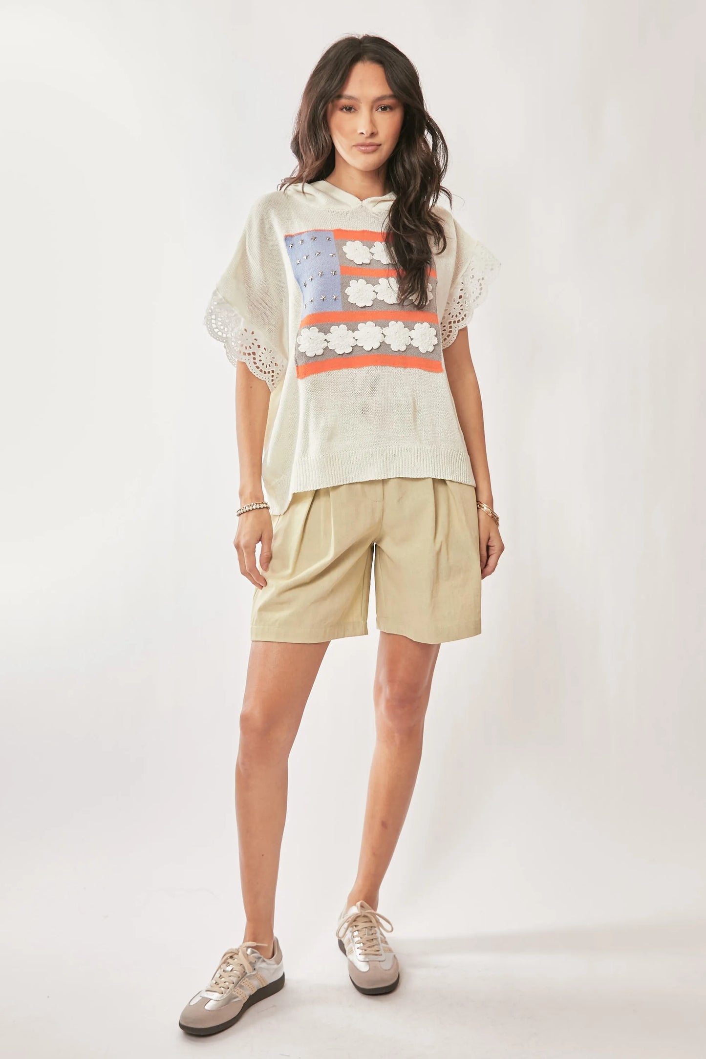 Davi & Dani American Flag Loose Fit Lace Sleeve Hoodie Top