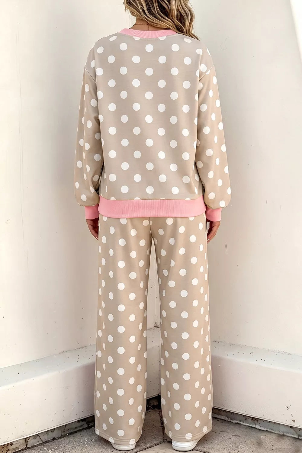 Polka Dot Contrast Trim Long Sleeve Top Drawstring Shift Pants Set