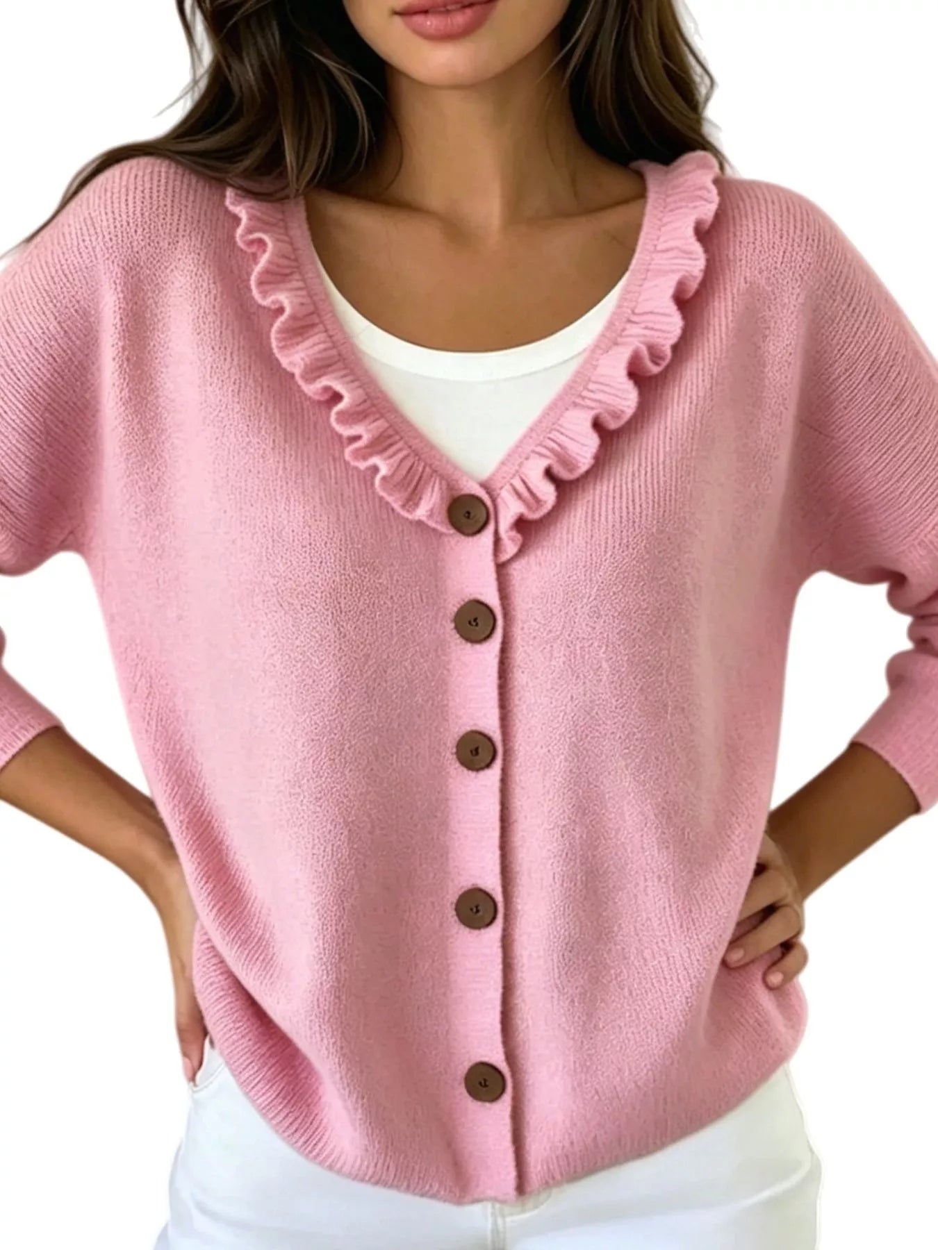 Ruffled Neckline Button-Up Cardigan